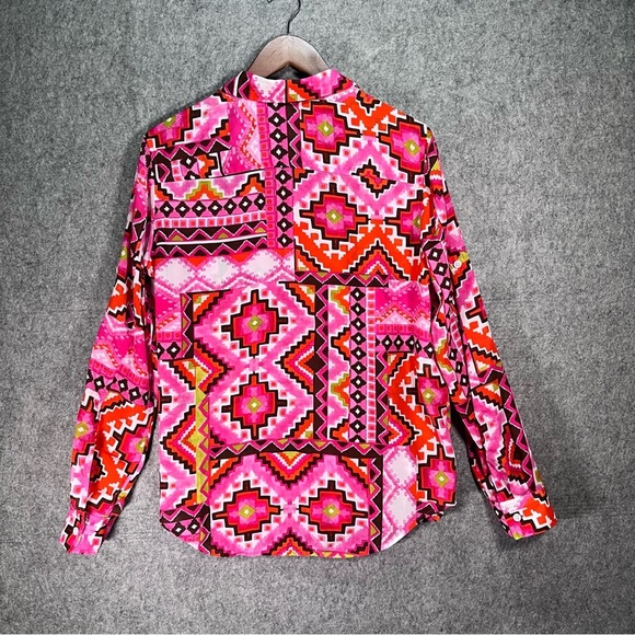 Geometric Pink Green Brown Long Sleeve Collar Shirt Button Front Medium - Picture 2 of 7